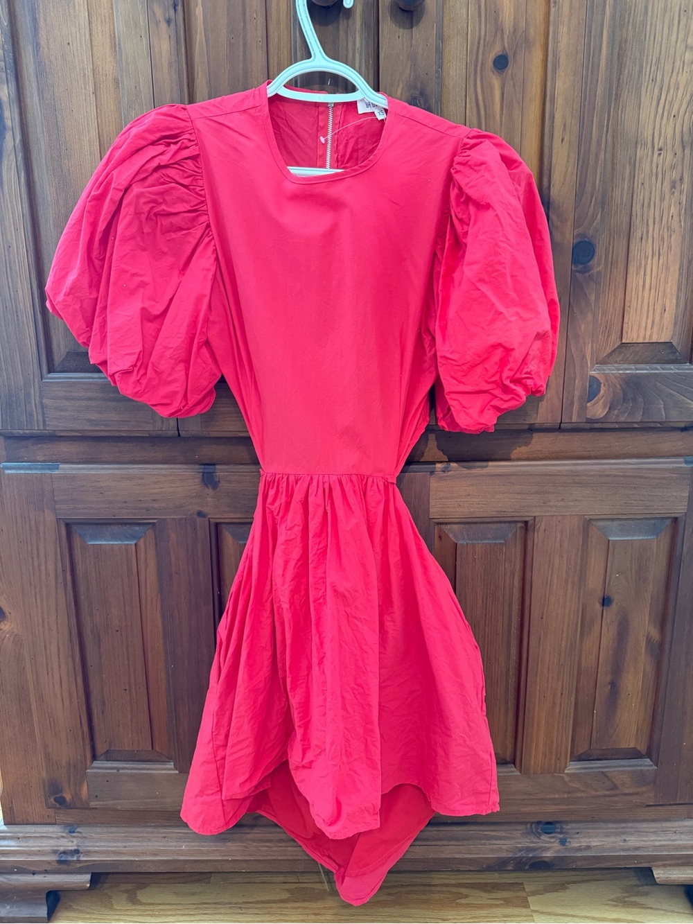 Red Puff-Sleeve Mini Dress with Gathered Skirt